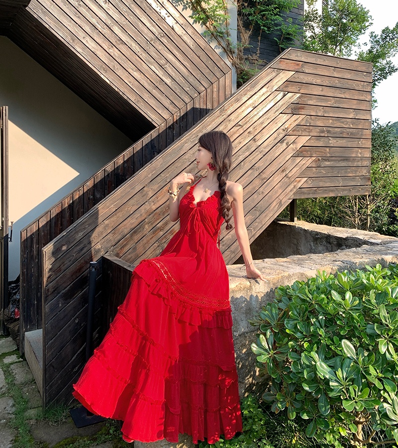 Sexy small halter long dress summer red dress for women