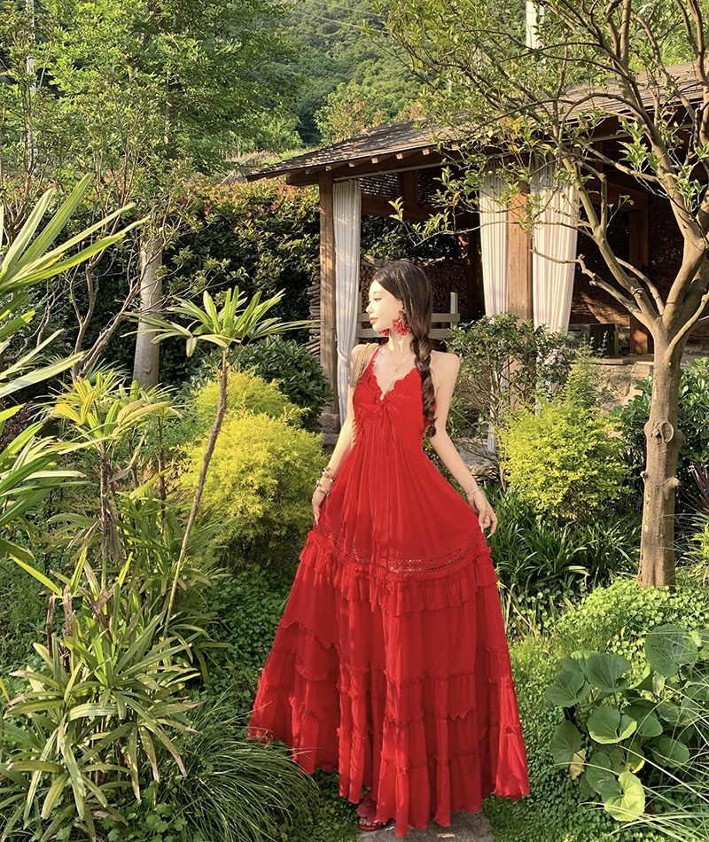 Sexy small halter long dress summer red dress for women