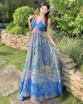 Mixed colors sling wrapped chest printing retro dress