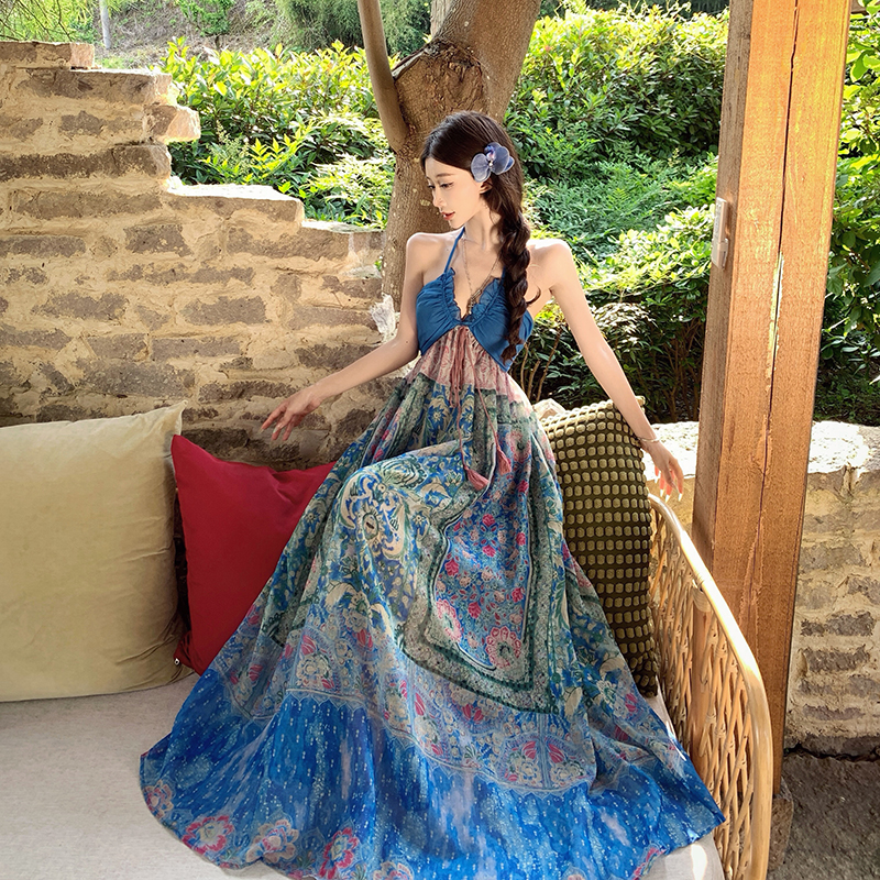 Mixed colors sling wrapped chest printing retro dress