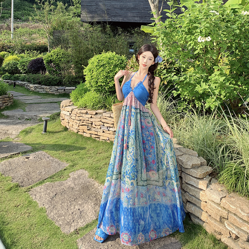 Mixed colors sling wrapped chest printing retro dress