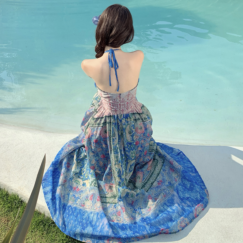 Mixed colors sling wrapped chest printing retro dress