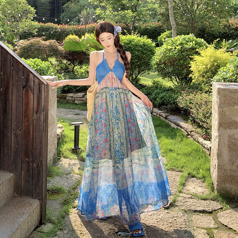 Mixed colors sling wrapped chest printing retro dress