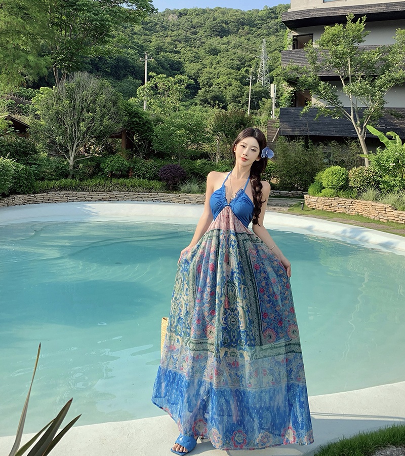 Mixed colors sling wrapped chest printing retro dress