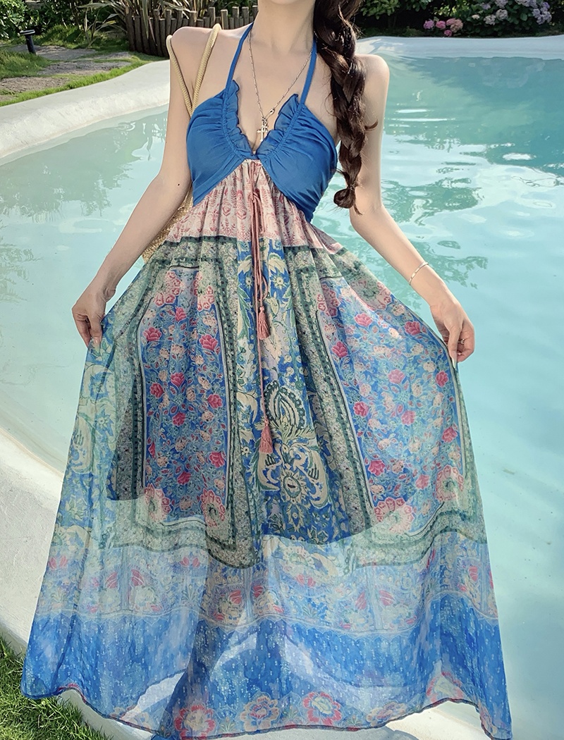 Mixed colors sling wrapped chest printing retro dress