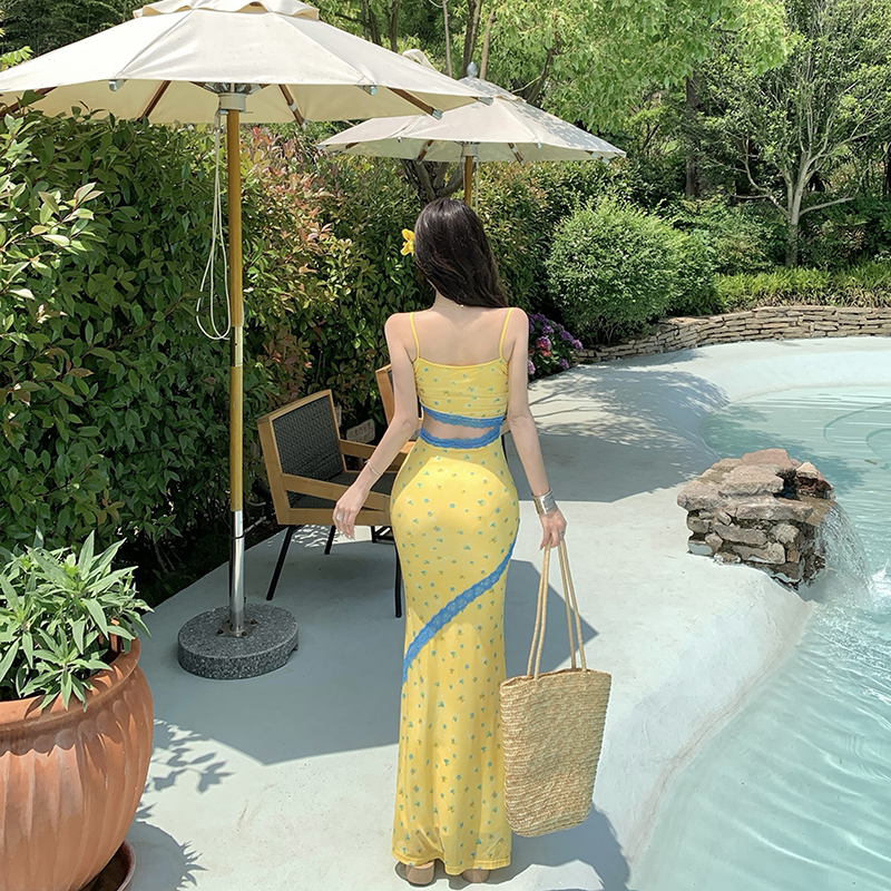 Slim temperament summer yellow splice vacation strap dress