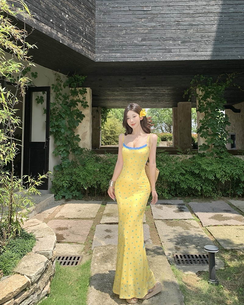 Slim temperament summer yellow splice vacation strap dress