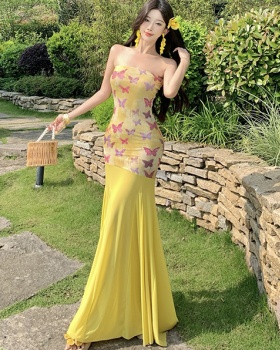 Splice dress pinched waist long dress for women