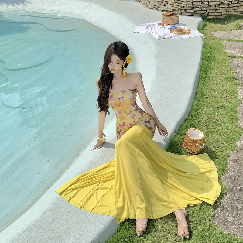 Splice dress pinched waist long dress for women