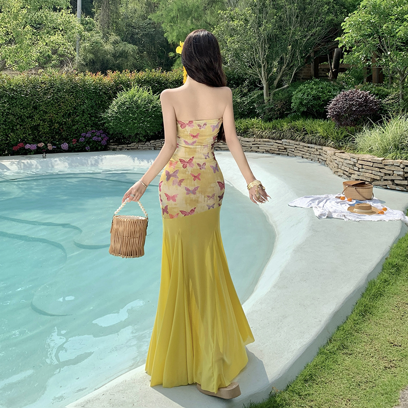 Splice dress pinched waist long dress for women