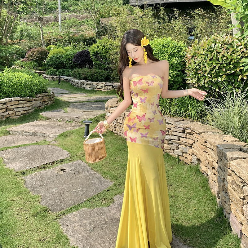 Splice dress pinched waist long dress for women