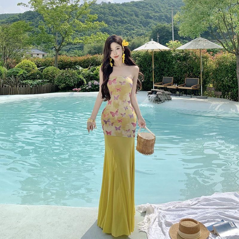 Splice dress pinched waist long dress for women