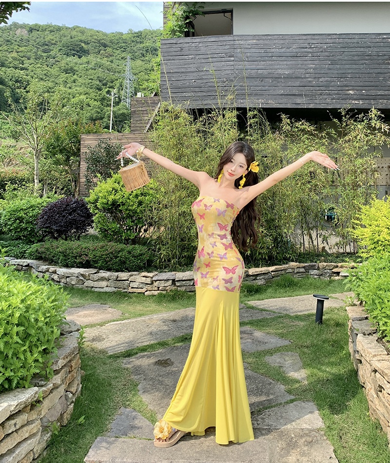 Splice dress pinched waist long dress for women