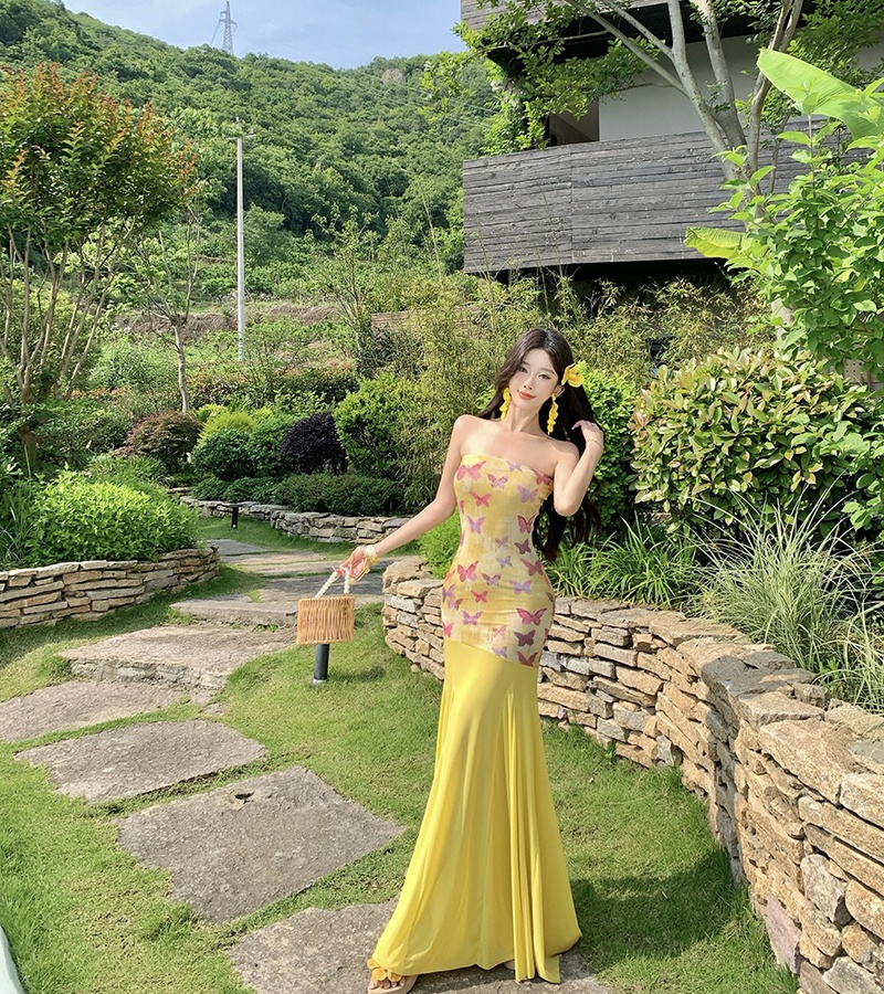 Splice dress pinched waist long dress for women