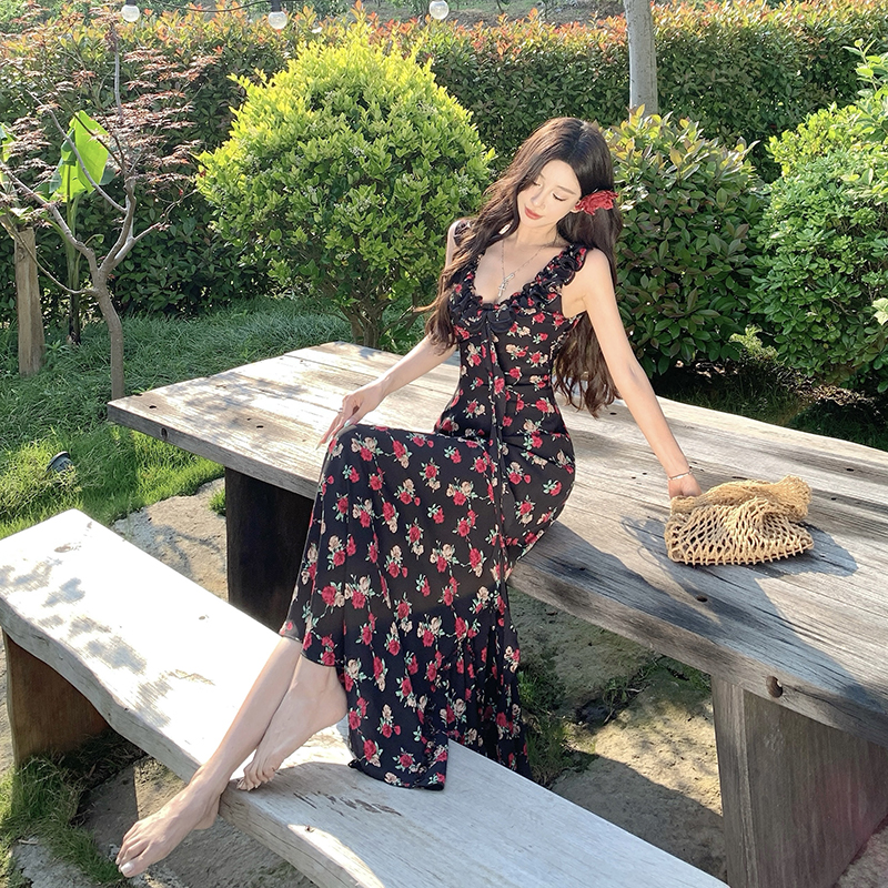 Summer rose floral slim vacation temperament dress