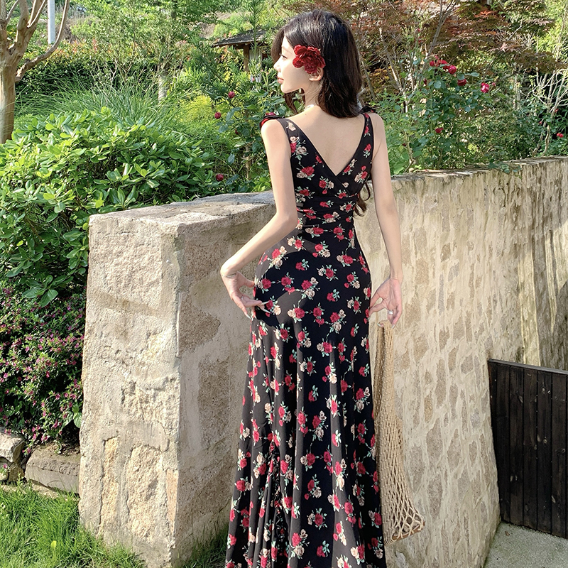 Summer rose floral slim vacation temperament dress