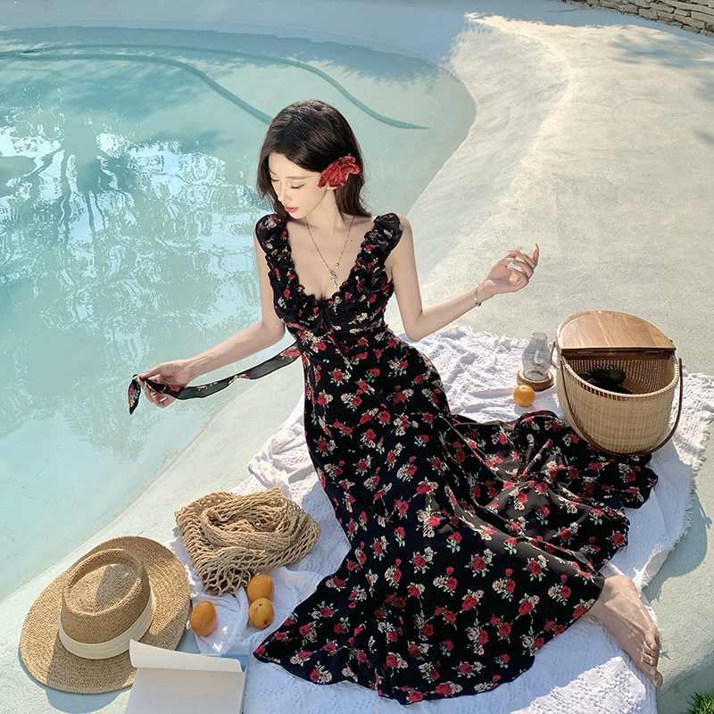 Summer rose floral slim vacation temperament dress