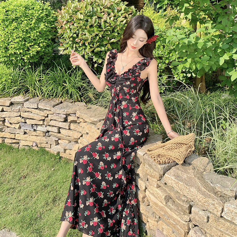 Summer rose floral slim vacation temperament dress