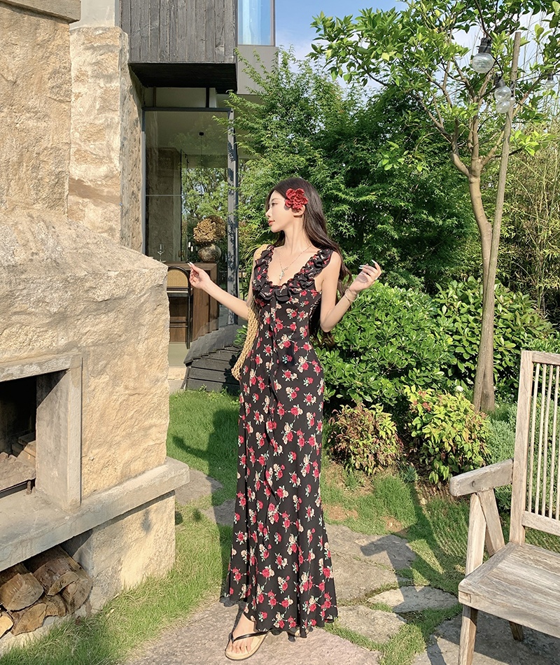 Summer rose floral slim vacation temperament dress