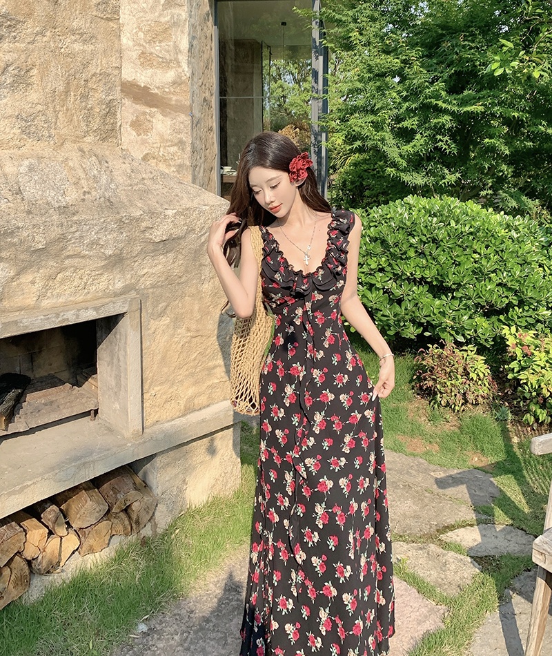 Summer rose floral slim vacation temperament dress