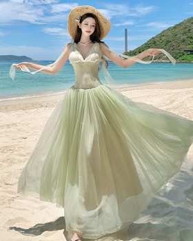 Romantic summer vacation pinched waist sweet gauze dress
