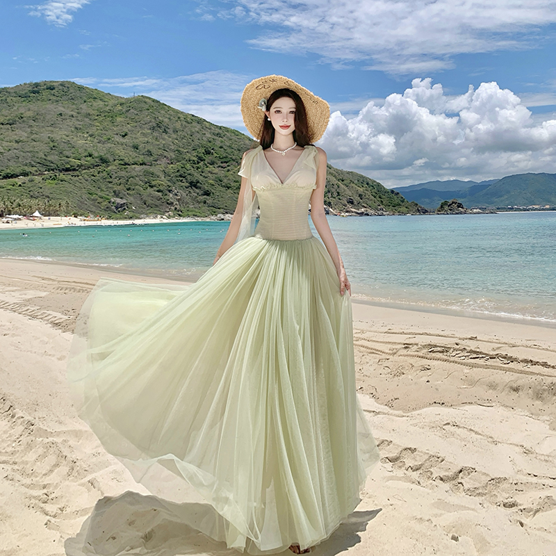 Romantic summer vacation pinched waist sweet gauze dress