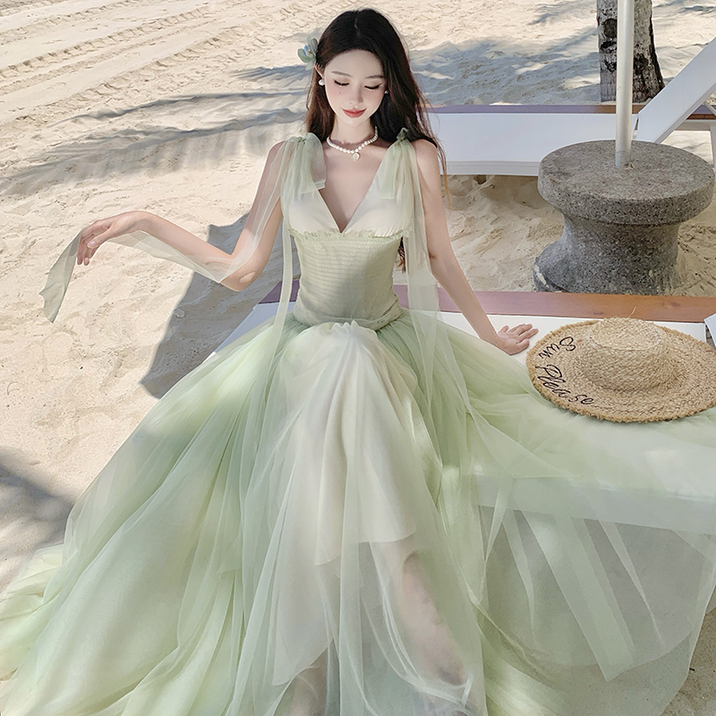 Romantic summer vacation pinched waist sweet gauze dress