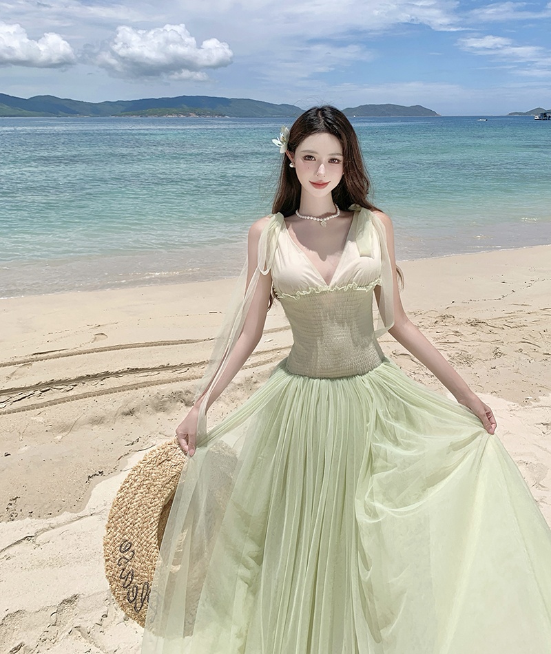 Romantic summer vacation pinched waist sweet gauze dress