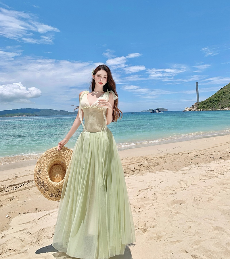 Romantic summer vacation pinched waist sweet gauze dress
