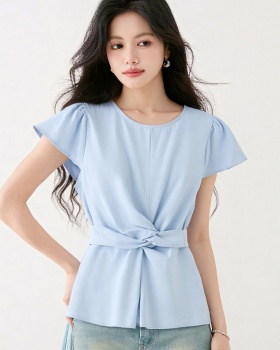 Temperament pinched waist small shirt cross tops for women