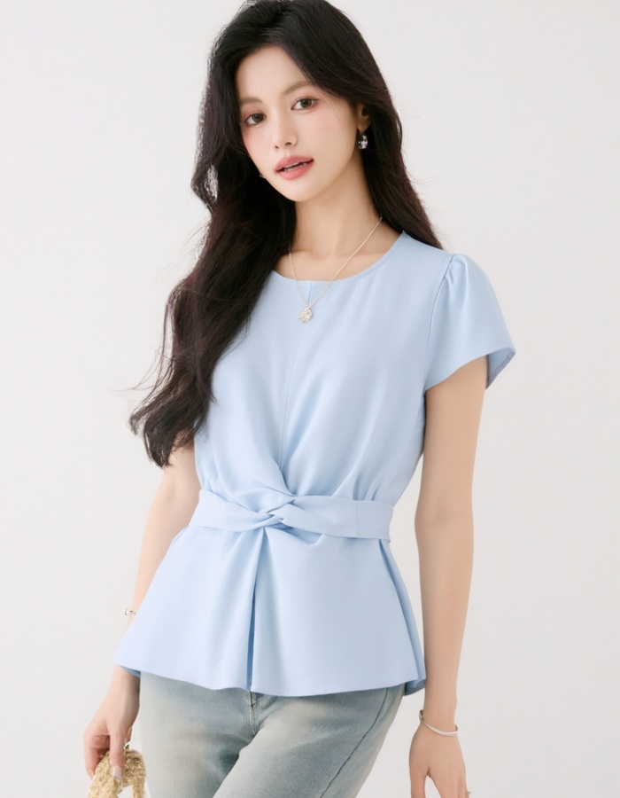 Temperament pinched waist small shirt cross tops for women