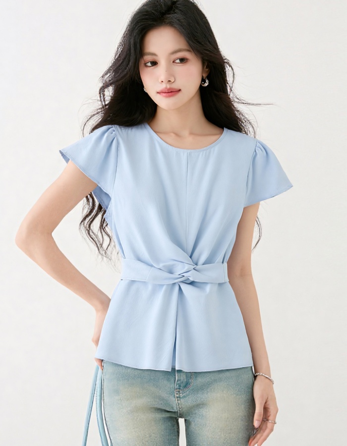 Temperament pinched waist small shirt cross tops for women