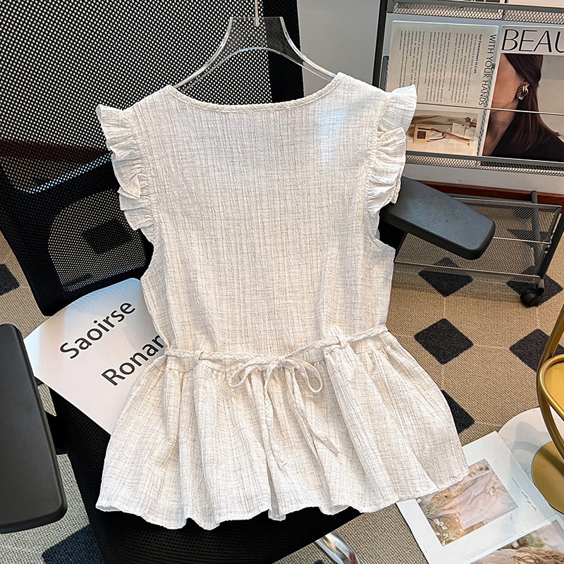 Retro round neck vest France style shirt for women