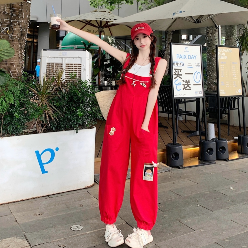 Slim red bib pants spring and autumn halter tops a set