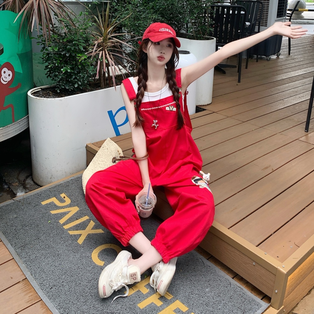 Slim red bib pants spring and autumn halter tops a set
