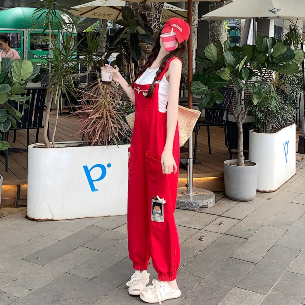Slim red bib pants spring and autumn halter tops a set