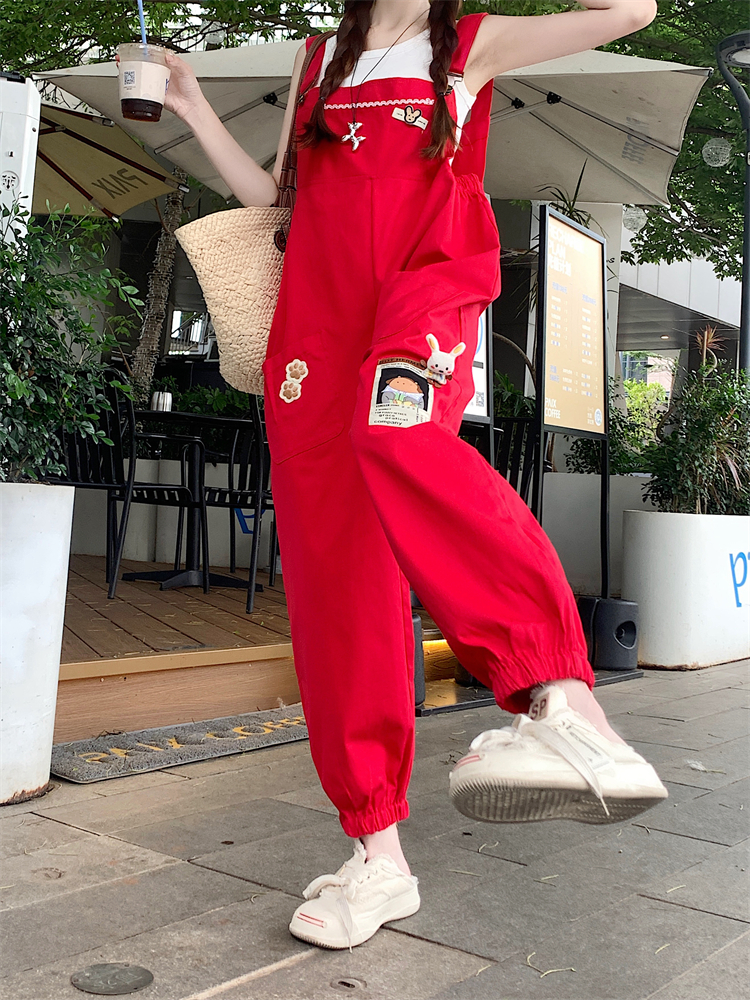 Slim red bib pants spring and autumn halter tops a set