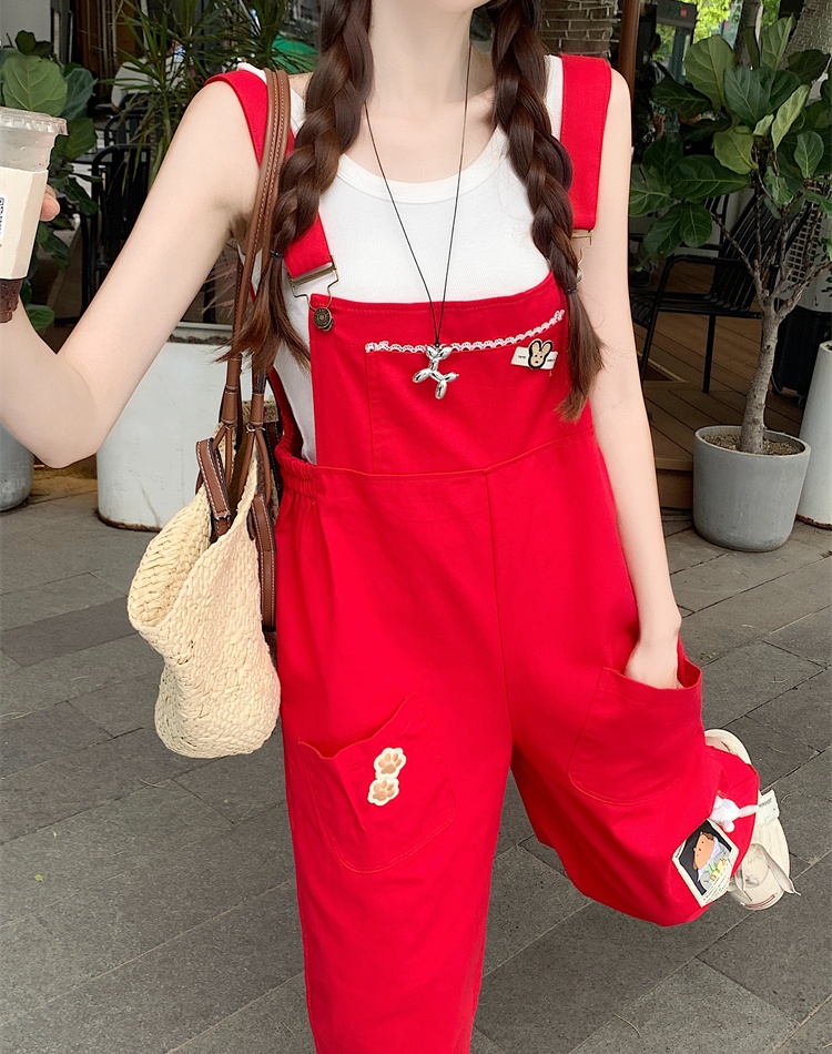 Slim red bib pants spring and autumn halter tops a set