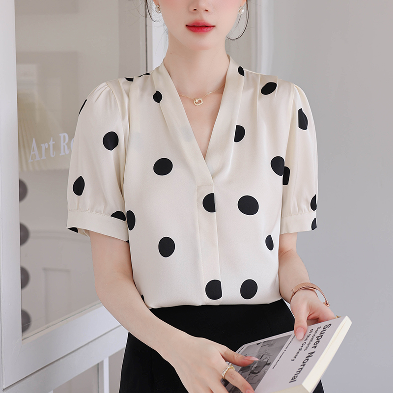 Commuting frenum summer shirt satin V-neck tops for women