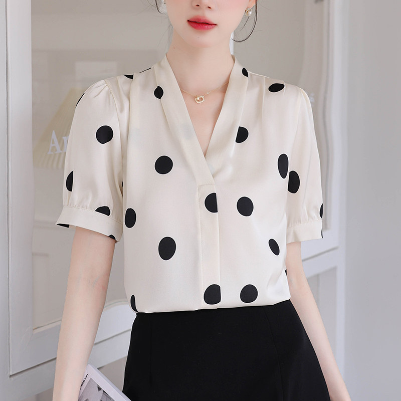 Commuting frenum summer shirt satin V-neck tops for women