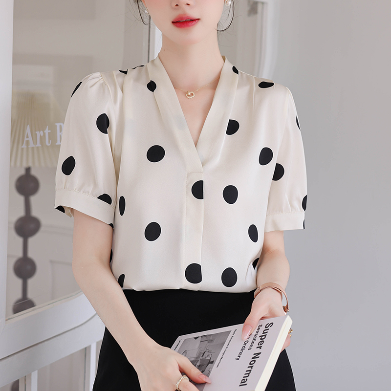 Commuting frenum summer shirt satin V-neck tops for women