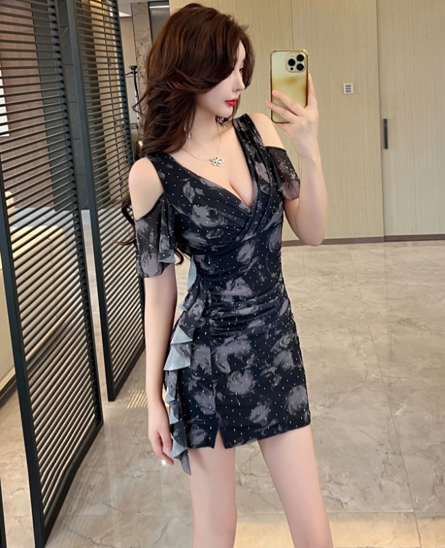 Sexy temperament rhinestone printing show young dress