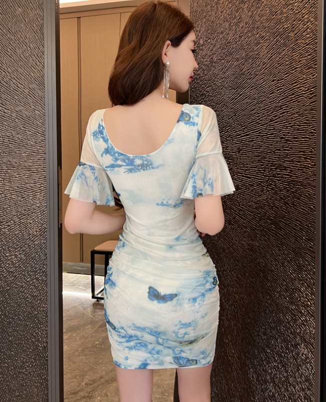 Nightclub slim temperament trumpet sleeves dress for women