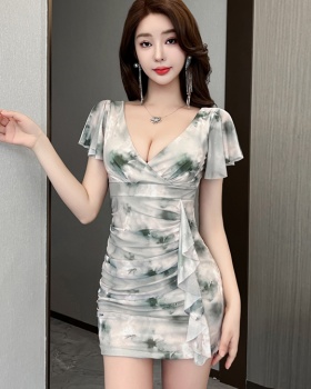 Slim sexy overalls package hip printing gauze dress