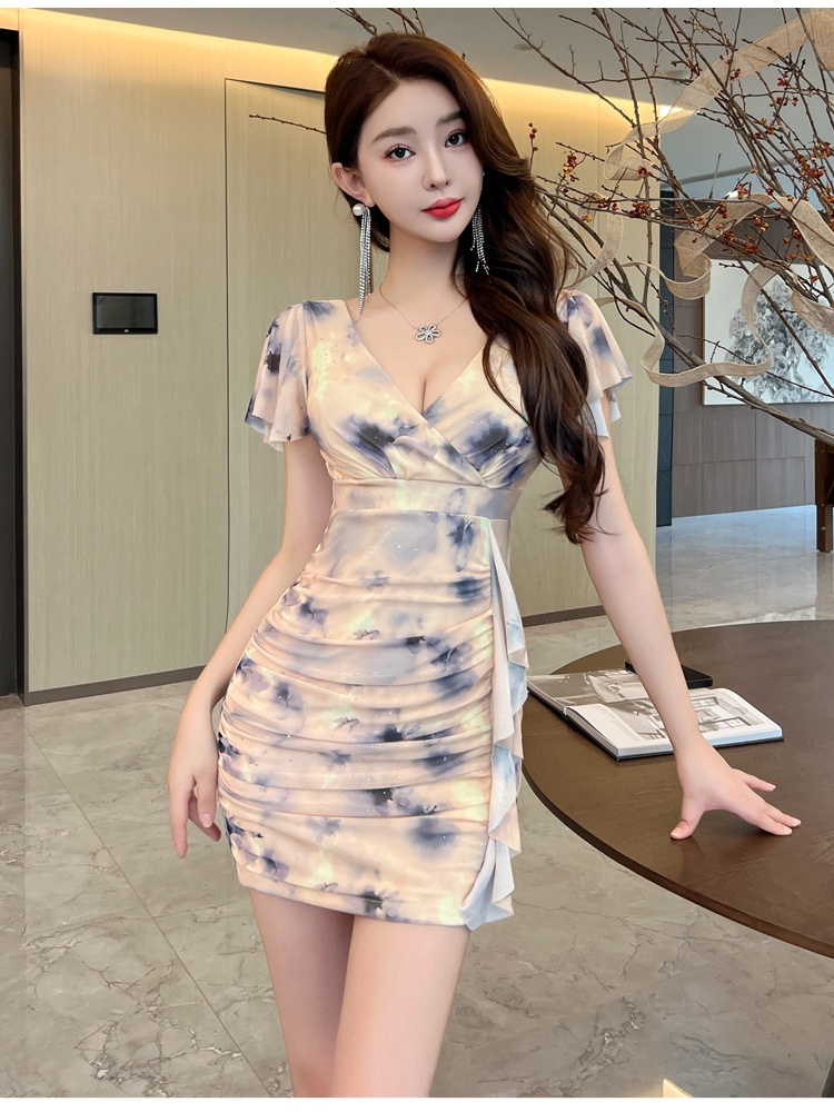 Slim sexy overalls package hip printing gauze dress