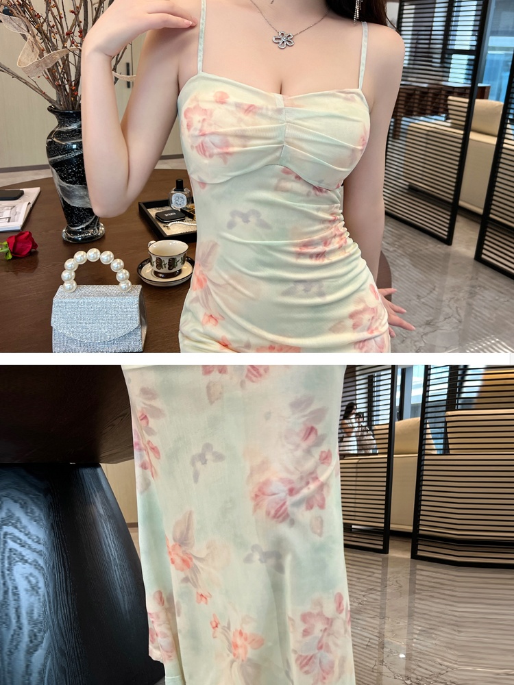Elegant gauze sexy long dress slim printing retro dress