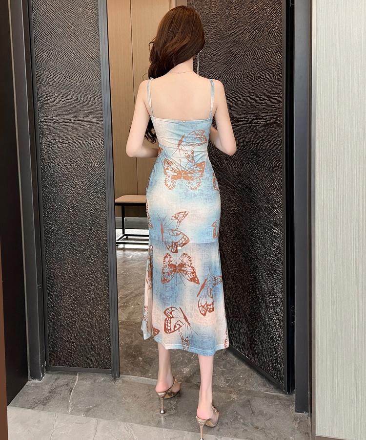 Elegant gauze sexy long dress slim printing retro dress