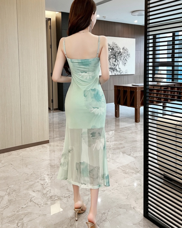 Elegant gauze sexy long dress slim printing retro dress