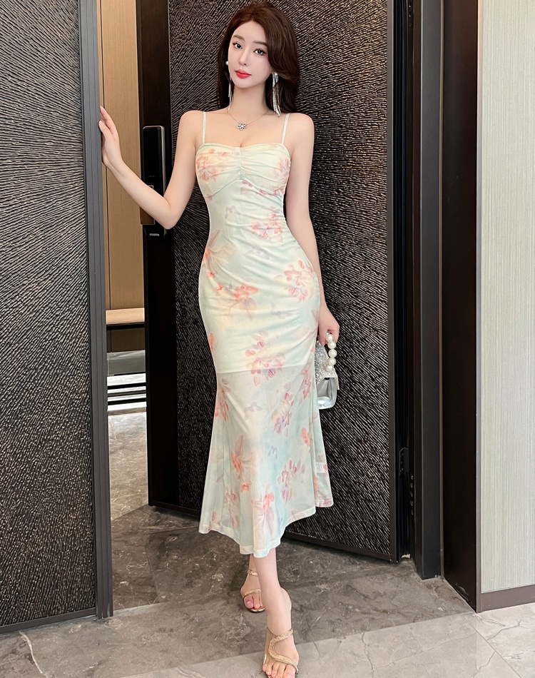 Elegant gauze sexy long dress slim printing retro dress