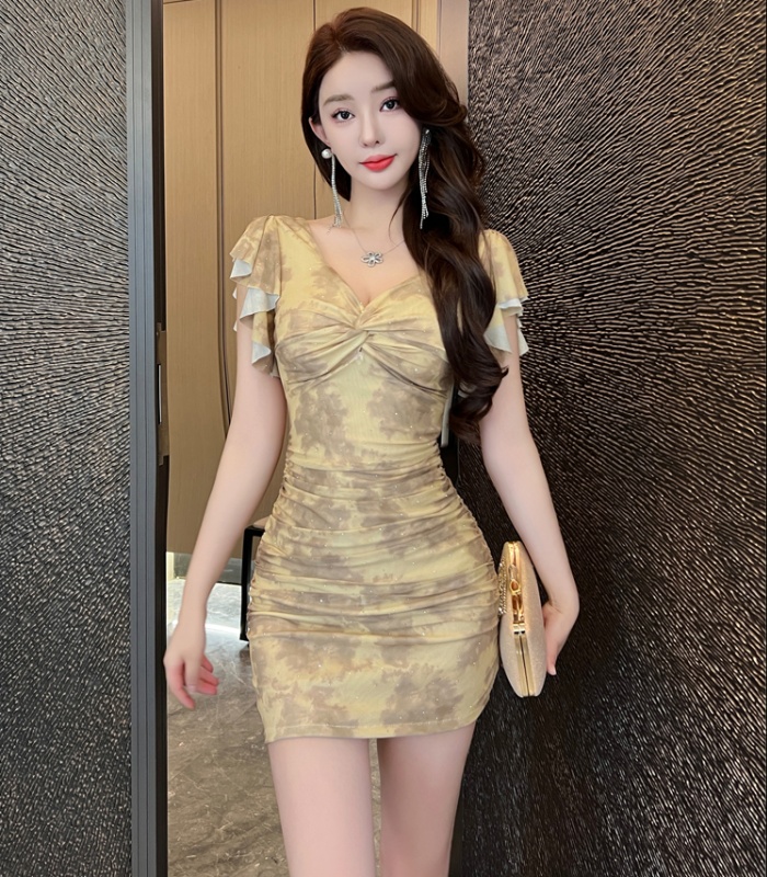 Sexy printing low-cut overalls gauze dress for women